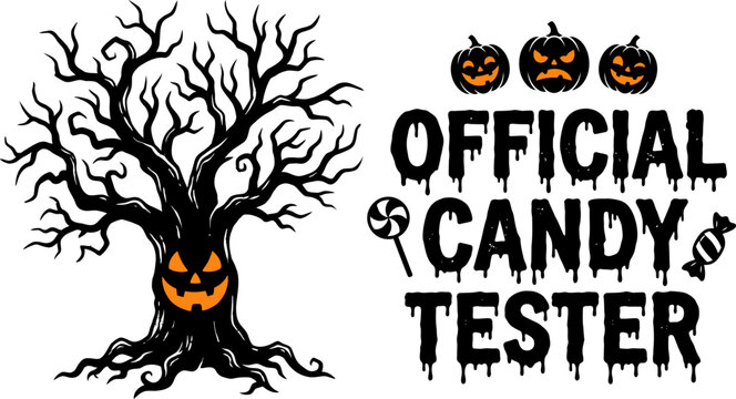 Halloween official candy tester graphic with tree and pumpkins