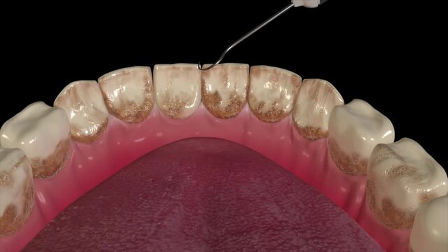 3D animation of dental tartar removal, scaling and polishing procedures. Surgical cleaning smooths and whitens teeth, treating periodontitis and restoring gum health.