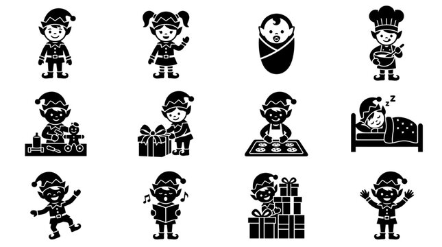 Christmas Elf Icons Set: Holiday Characters, Activities & Symbols