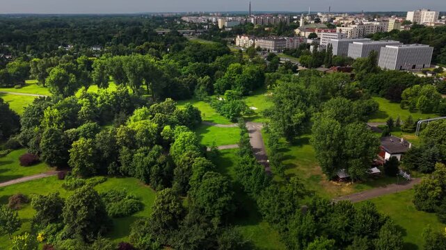 Aerial View City Park Green Trees Court Recreation Cityscape Horizon Sunny Day, a high-angle drone perspective showcasing a vibrant public park