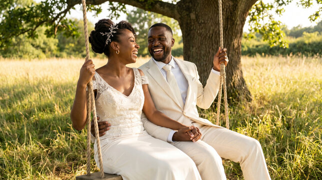 Wedding couple on a swing, side angle view of a couple laughing on a swing in a meadow, concept of romantic outdoor wedding and playful love