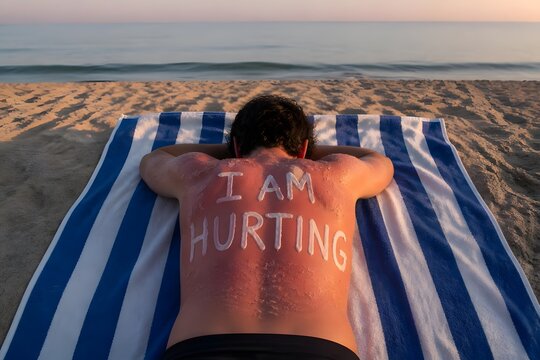 Man with sunburned skin writing "I AM HURTING" on beach towel