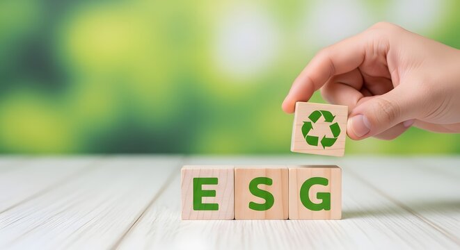 A hand placing a wooden block with a recycling symbol on top of esg letters to show environmental social and corporate governance commitment and sustainability