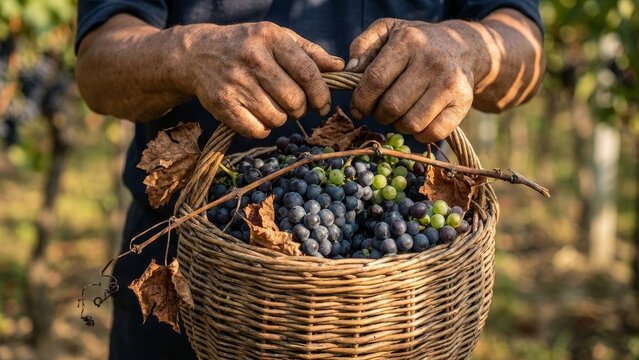 Agriculture - Weathered Hands Holding Wicker Basket Filled with Freshly Harvested Dark and Green Wine Grapes in Vineyard