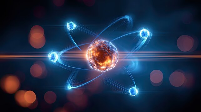 Abstract atomic structure with glowing nucleus and orbiting electrons (1)