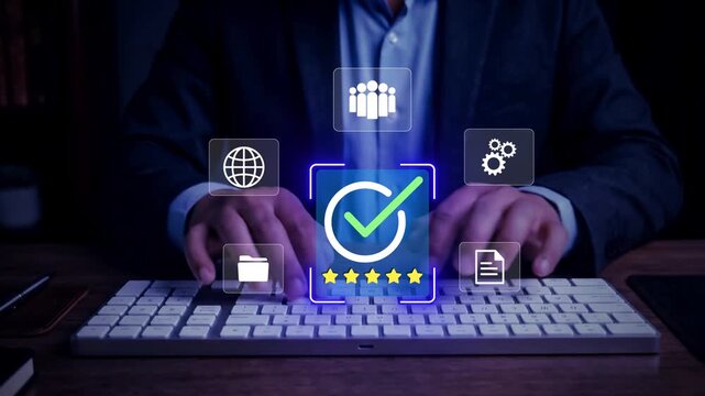 Businessmen point to tick correct sign mark in checkbox for approve quality document and project control. Excellence in document correction, ensuring quality and ISO certification for top Service