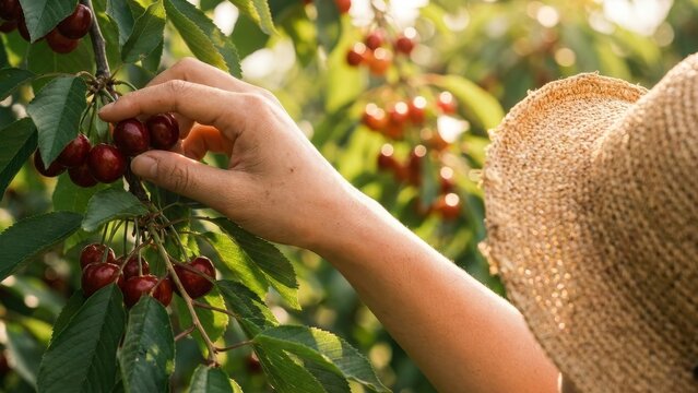 Agriculture - Woman Hand Picking Fresh Ripe Red Cherries From Tree Branch in Sunny Orchard Garden