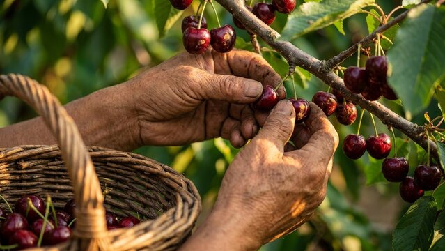 Agriculture - Weathered Hands Picking Ripe Dark Red Cherries from Tree Branch into Wicker Basket at Harvest