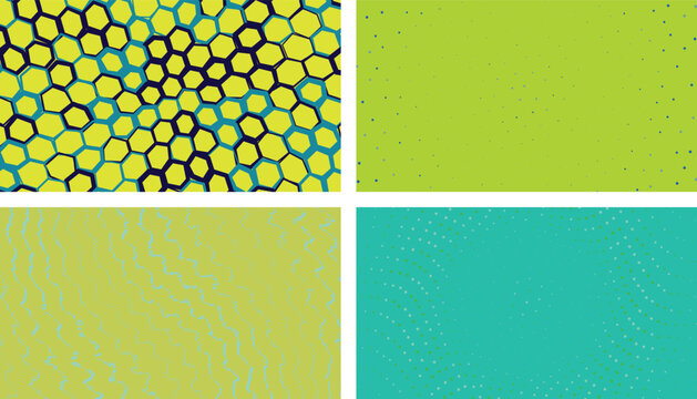 Collection of creative background textures displaying various geometric shapes honeycomb motifs dotted patterns and wavy lines in vibrant color themes