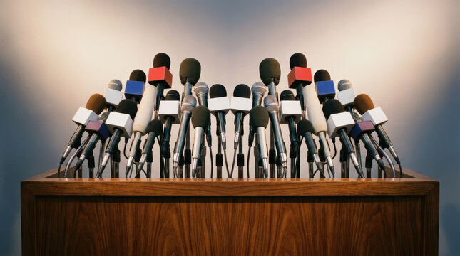 Multiple microphones on wooden podium ready for press conference or public speech with neutral background and lighting