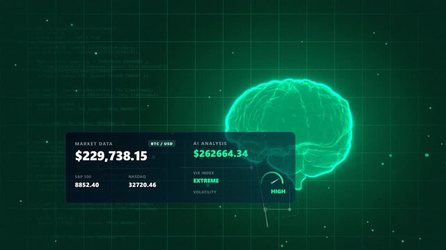 Cinematic focus on a bull market trading terminal featuring a glowing green financial data interface inside a rotating cybernetic brain with data nodes displaying English metrics.