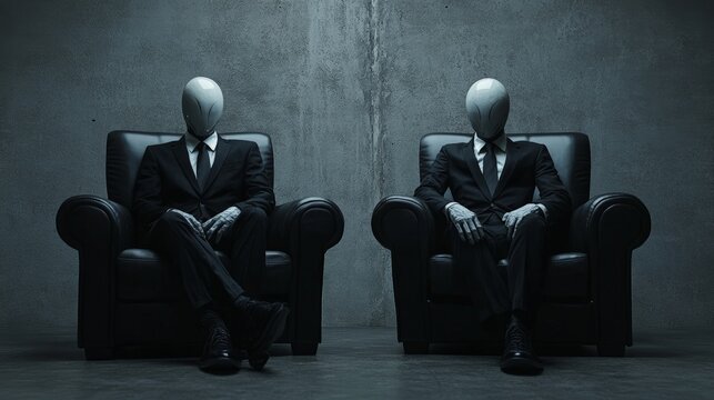 Two alien businessmen wearing elegant suits sitting on two armchairs in a dark room with a concrete wall, creating a mysterious and futuristic atmosphere