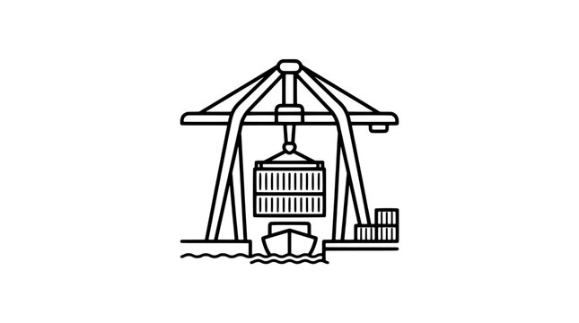 Port crane loading a shipping container onto a cargo ship at a dock, logistics and global transportation concept