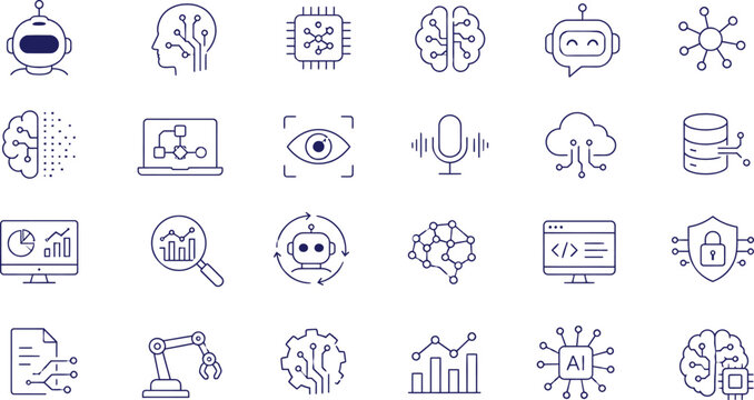 Artificial Intelligence Icons Line Style On White Background