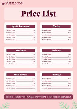 Beauty salon price list menu template with elegant pink and maroon background