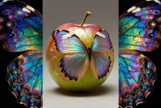 Composizione surreale: mela con farfalla iridescente e ali colorate simmetriche