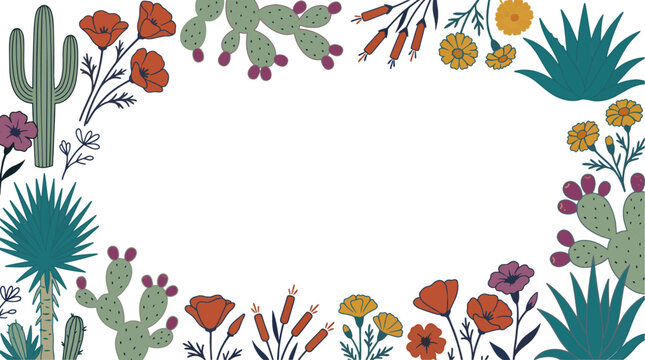 Desert Botanical Frame with Cacti and Wildflowers, Stylized Earthy Cactus Border Vector Illustration for Wedding Invitation and Greeting Card Design
