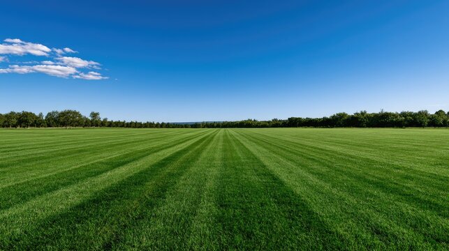 Vast, manicured green field with striped mowing patterns under a clear blue sky