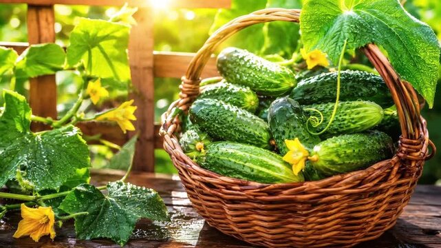 Fresh cucumbers in wicker basket with flowers and green leaves  