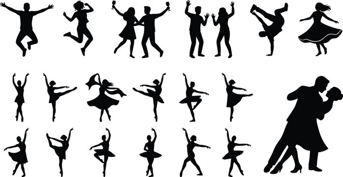 Happy people and dancers silhouettes vector collection jumping dancing and doing ballet isolated