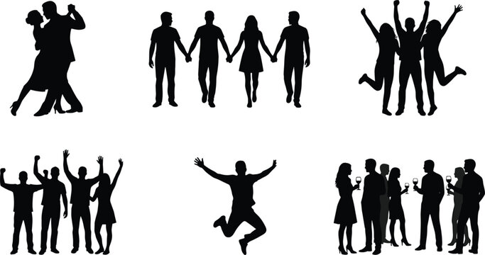 Happy people silhouettes vector collection dancing celebrating jumping holding hands and drinking wine