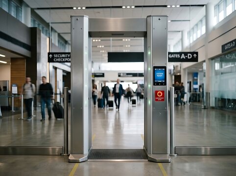 Modern airport security checkpoint with metal detector and travelers walking through terminal area
