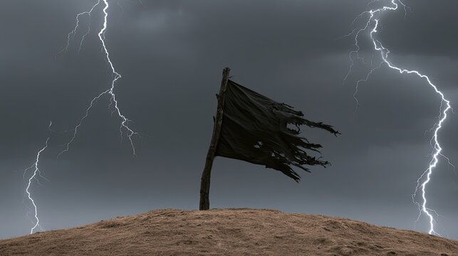 Tattered black flag on hilltop during lightning storm