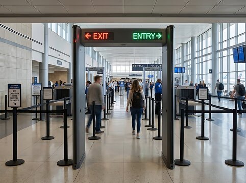 Modern airport security checkpoint with passengers walking through metal detectors and luggage scanners in terminal