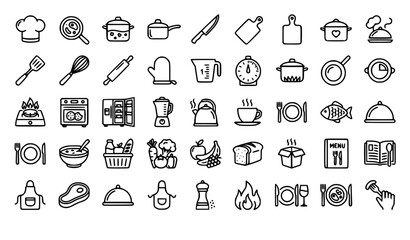 Fototapeta premium Kitchen and Restaurant Outline Icons with Cooking Grocery and Food Preparation Symbols
