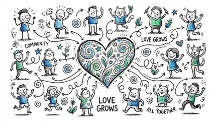 Fototapeta premium Hand-drawn illustration of love and kindness with diverse people and animals.