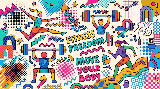 Vibrant fitness illustration, colorful gym pattern, freedom to move, active lifestyle graphics