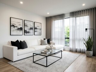 Fototapeta premium Modern living room interior with white sofa, glass coffee table.