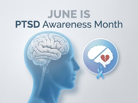 Ptsd awareness month illustration with brain and broken heart symbol for mental health campaign