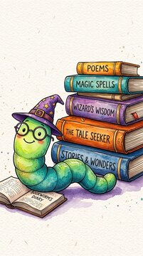 Cute cartoon bookworm wearing wizard hat and glasses with stack of books watercolor illustration
