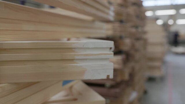 Stack of unfinished wood window frames stored in a manufacturing factory, showcasing organized timber components ready for assembly or finishing