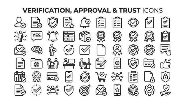 Collection of verification approval trust confirmation icons set transparent background