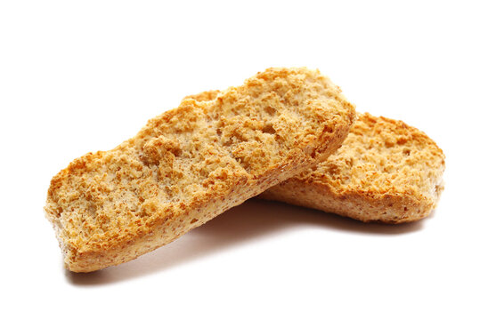 Crusty bread, wholemeal grains, with wholemeal flour with broad-leaf bran isolated on white background, side view