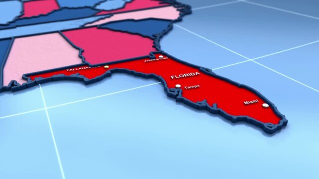 Looped 3D election map animation of the United States zooming into Florida state, featuring red, blue, purple and green political outcome variations. 