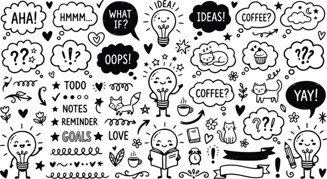 Cute smiling lightbulb characters text speech bubbles bullet journal doodles
