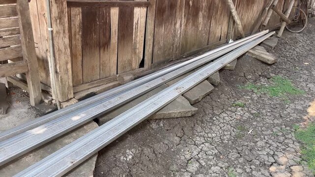 Stack of lightweight steel frames on construction site