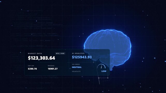 Cinematic focus on a corporate fintech dashboard featuring a analytical blue institutional trading platform inside a rotating cybernetic brain with data nodes displaying English metrics.