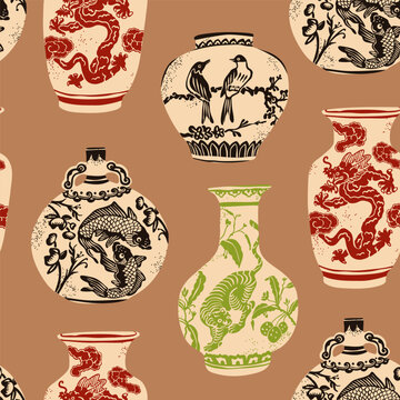 Traditional asian Chinese ceramic Vases. Colored porcelain. Dragon, fish, tiger, bird ornaments. Vintage oriental pottery. Various shapes. Hand drawn Vector illustration. Square seamless Pattern