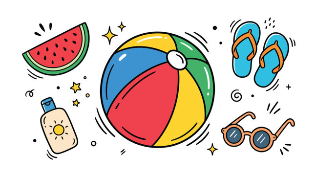 Colorful hand drawn summer beach elements set including beach ball watermelon slice sunscreen lotion sunglasses and flip flops on white background