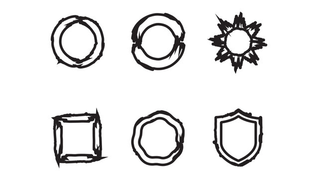 Collection of rough ink frames including circles stars squares and shield shaped border.