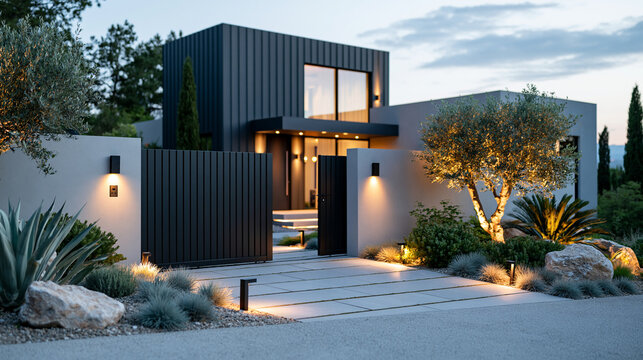 Luxury automatic gate at night, warm landscape lighting, expensive mansion entrance, black gate, premium security, cinematic atmosphere, dramatic lighting, ultra realistic, luxury