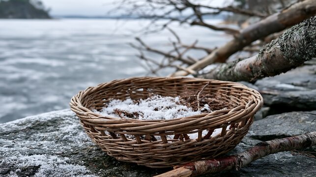 Woven Basket with Snow on Rocky Shore by Frozen Water on Cold Day