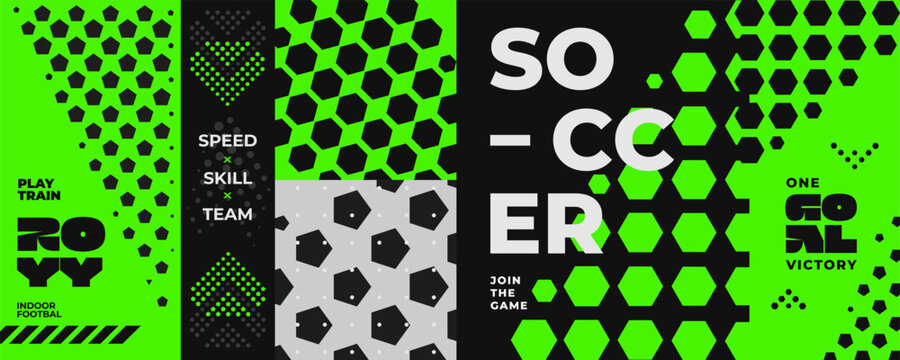 Soccer geometric patterns with hexagons and pentagons on neon green and black background. Dynamic sport team poster