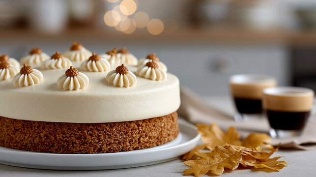Stock style, hyper realistic, high quality bakery food photography, elegant autumn cake with smooth honey-cream frosting and small piped acorn decorations, inspired by handmade sea