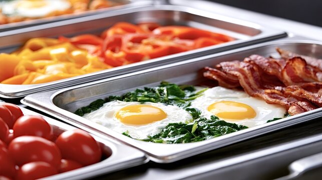 Breakfast buffet serving hot food items including sunny side up eggs on spinach, crispy bacon, sliced bell peppers, and fresh cherry tomatoes in stainless steel chafing dishes