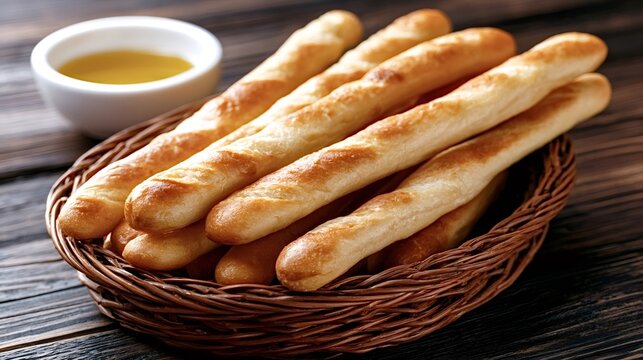 Golden brown breadsticks arranged in a rustic woven basket, sitting on a dark wooden table with a small white bowl of rich olive oil for dipping